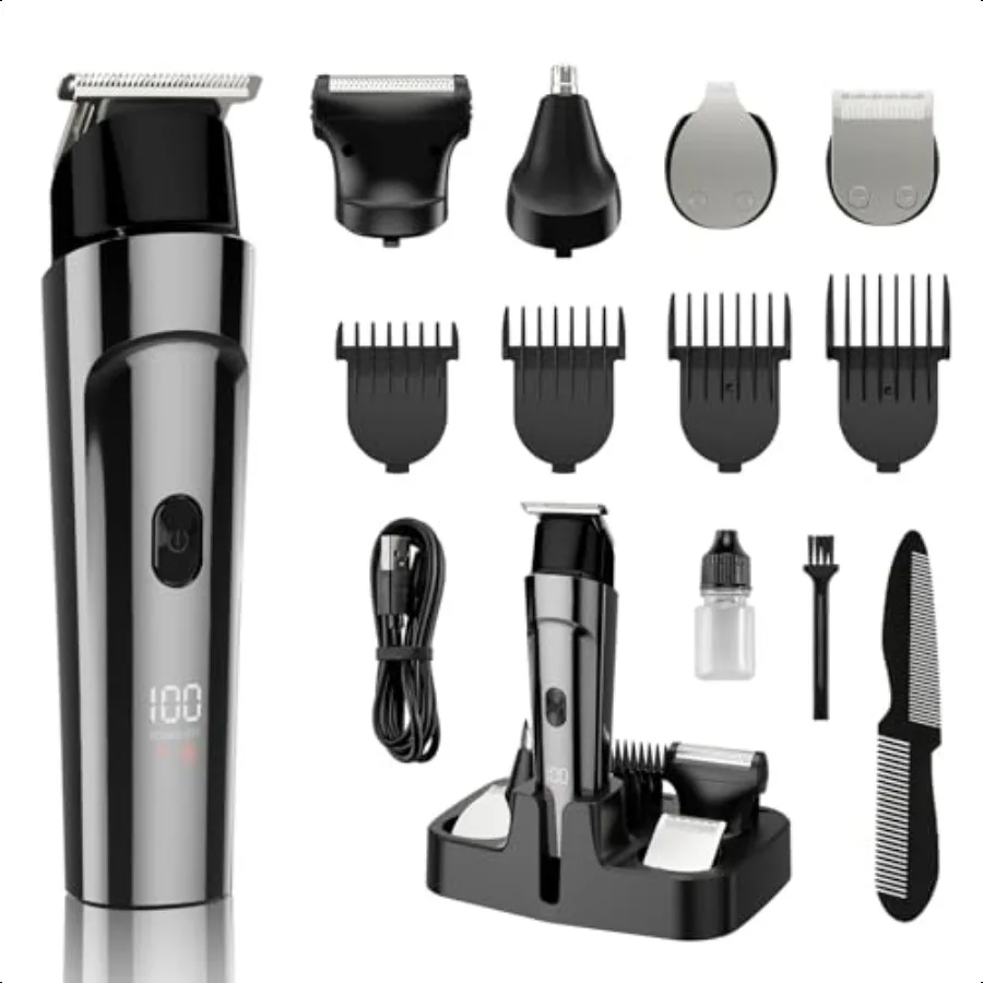 

Rechargeable Men's Hair Clippers Body Hair Trimmer Home Haircut Grooming Set with LED Display 5 in 1 Kit Cordl Mustache Body Fa