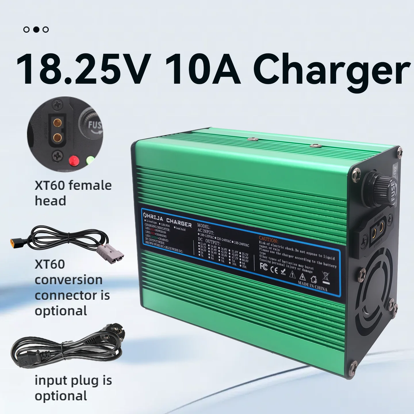 OHRIJA 18.25V 10A charger quick aluminum shell suitable for 5S 16V LiFePO4 Battery Charger detachable connector plug is optional