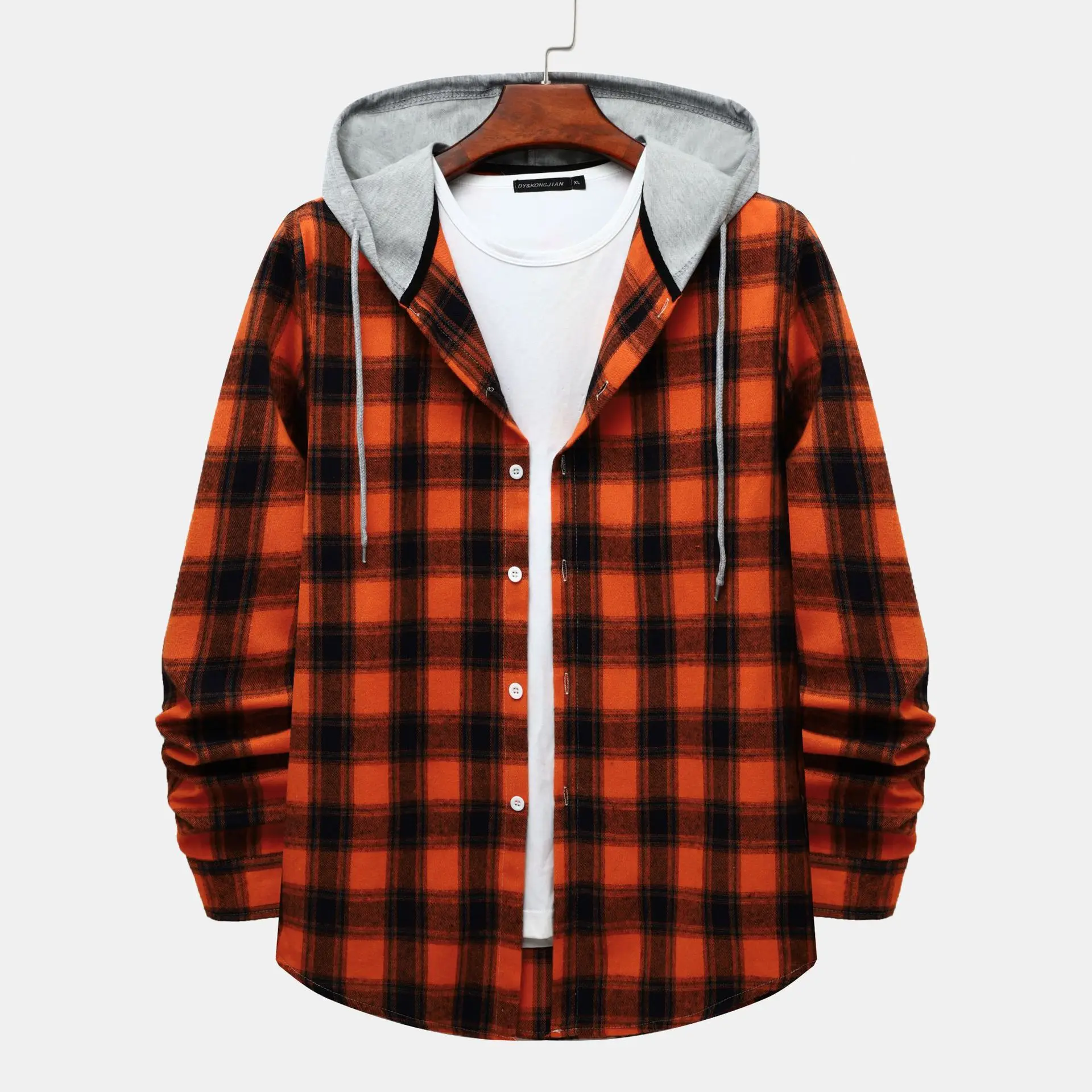 Men\'s Hooded Plaid Shirt Jacket Casual Shirt Jacket