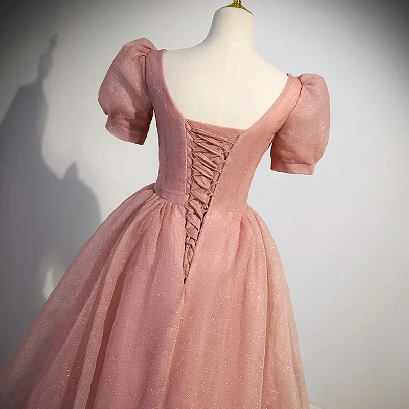Evening Dress Short Sleeves Pleat Tulle A-Line Floor-Length Lace Up Pink Square Collar Sequins Party Formal Dresses Woman B2762