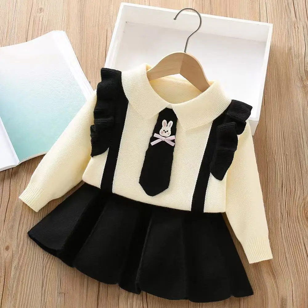 

Kids Girls' Sweater Set 2025 Autumn/Winter New Style College Style Cute Cartoon Knitted Long Sleeve Two Piece Set