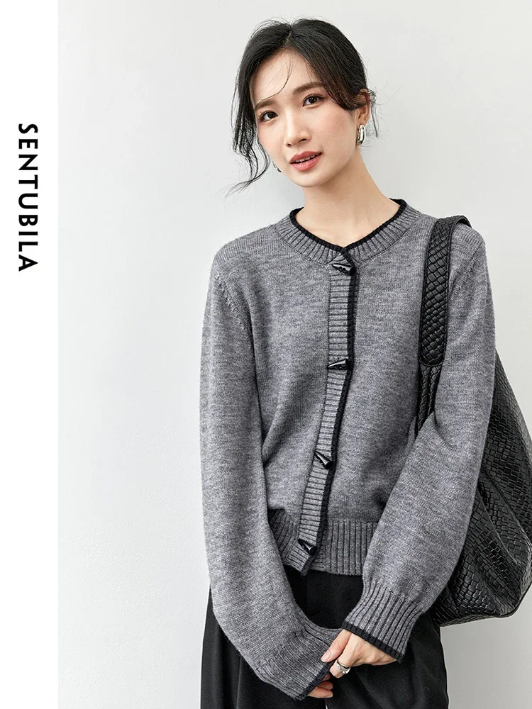 SENTUBILA Patchwork Wool Cardigan Women 2024 Autumn Round Neck Bull Horn Buckle Long Sleeve Short Top Womans Clothing W43E56366