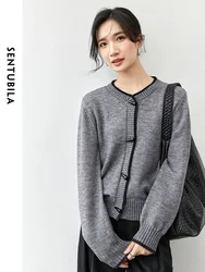 SENTUBILA Patchwork Wool Cardigan Women 2024 Autumn Round Neck Bull Horn Buckle Long Sleeve Short Top Womans Clothing W43E56366