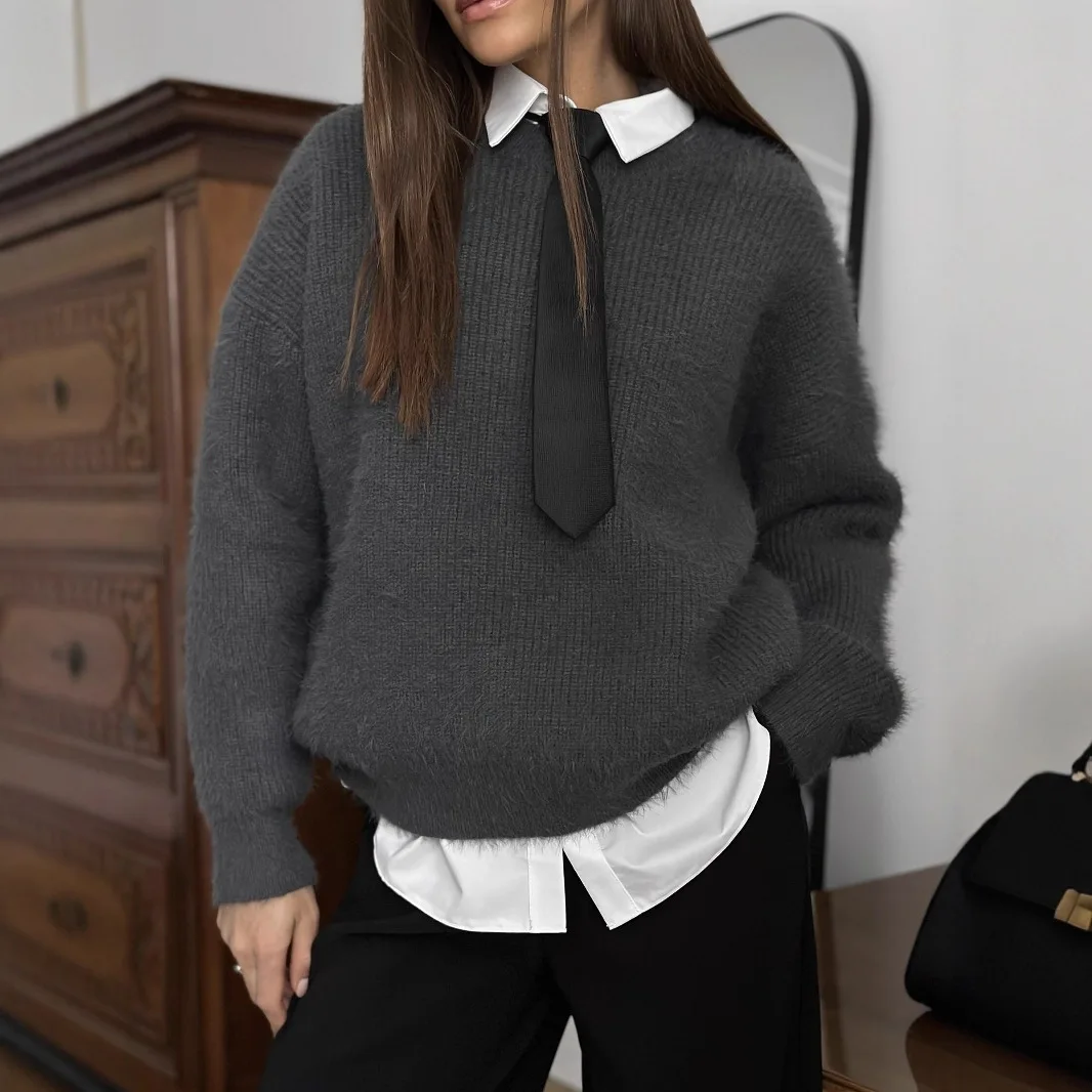 

Ленивый стиль, нишевый пуловер с круглым вырезом, осенне-зимний женский милый мягкий липкий свободный мягкий теплый вязаный свитер с длинными рукавами