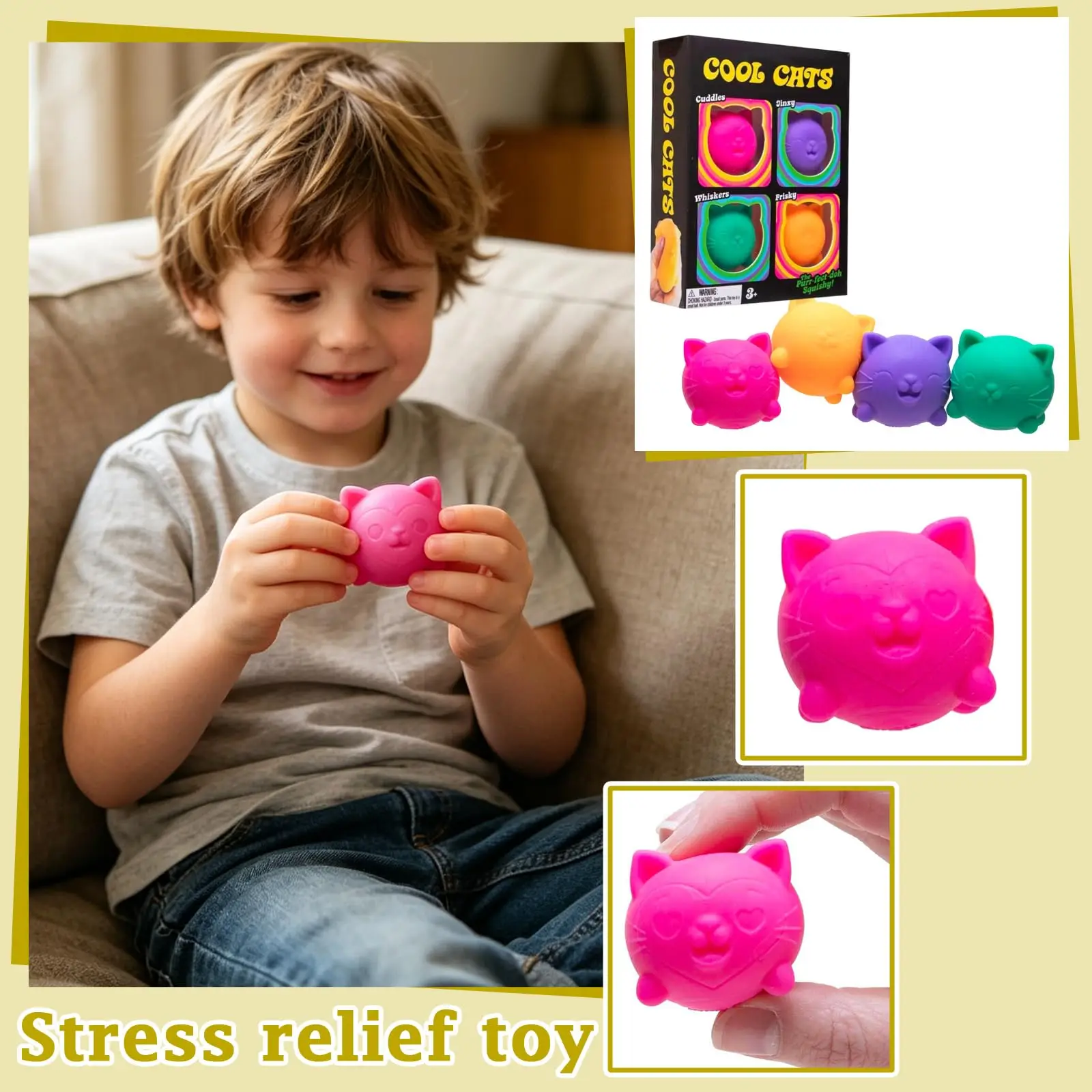 Cool Cats Squishy, 4 Pack Sugar Ball Designs, Anxiety Relief Squeeze for Sensory Play, Slow Rising Squishy Stress Balls