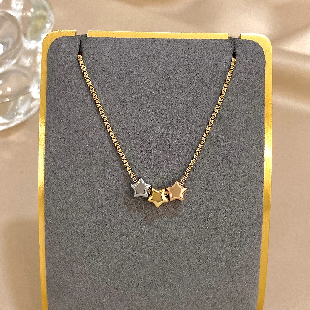 Cute Triple Color Star Beads Necklace for Women Fashion Gold Plated Stainless Steel Charm Necklaces Waterproof Jewelry