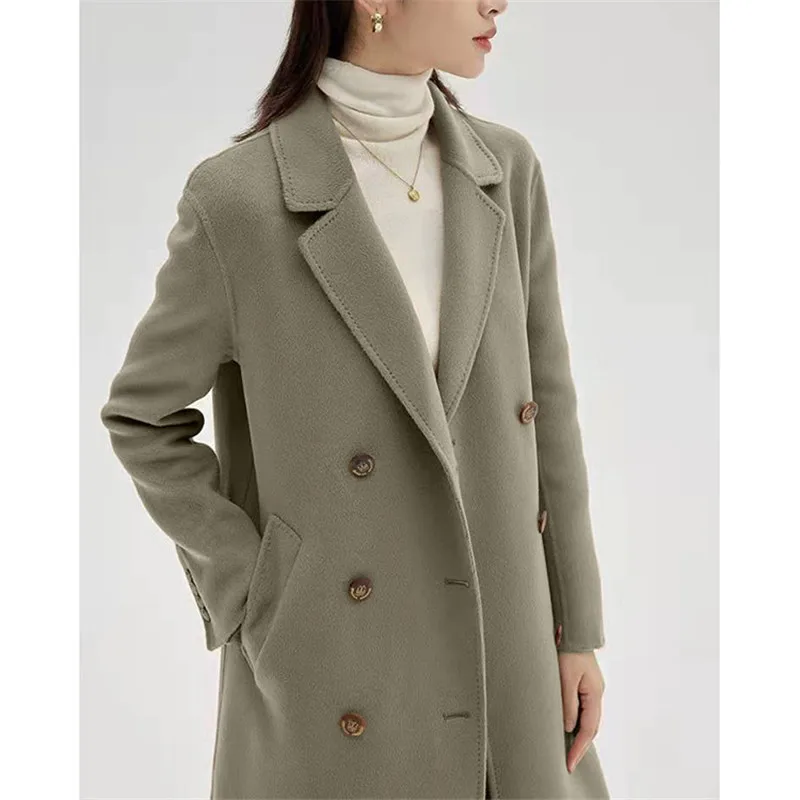 

2023 Cashmere Coat Women Mid-length Autumn Winter Wool Coat Female New High-end Casual Double-breasted Horn Buckle Hand-sewn Coa