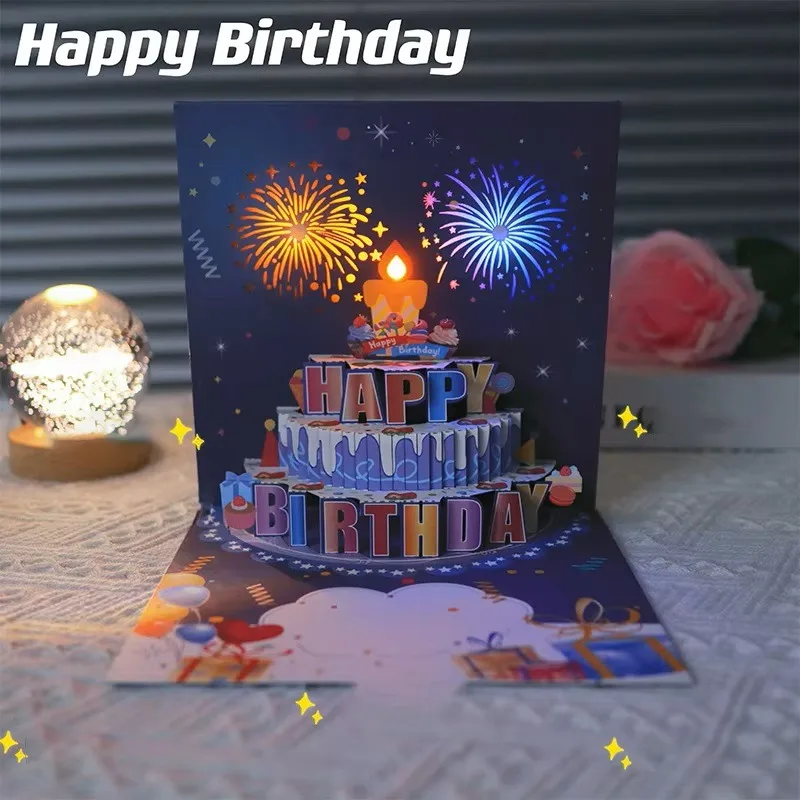3D Pop Up Music Happy Birthday Greeting Card Creative Fireworks Light Birthday Cards Surprise Gift