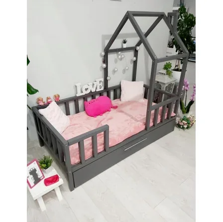 

# Детская кровать-домик с барьерами и ящиком, мебель для спальни, серая или белая деревянная детская кроватка из массива сосны, детская кроватка