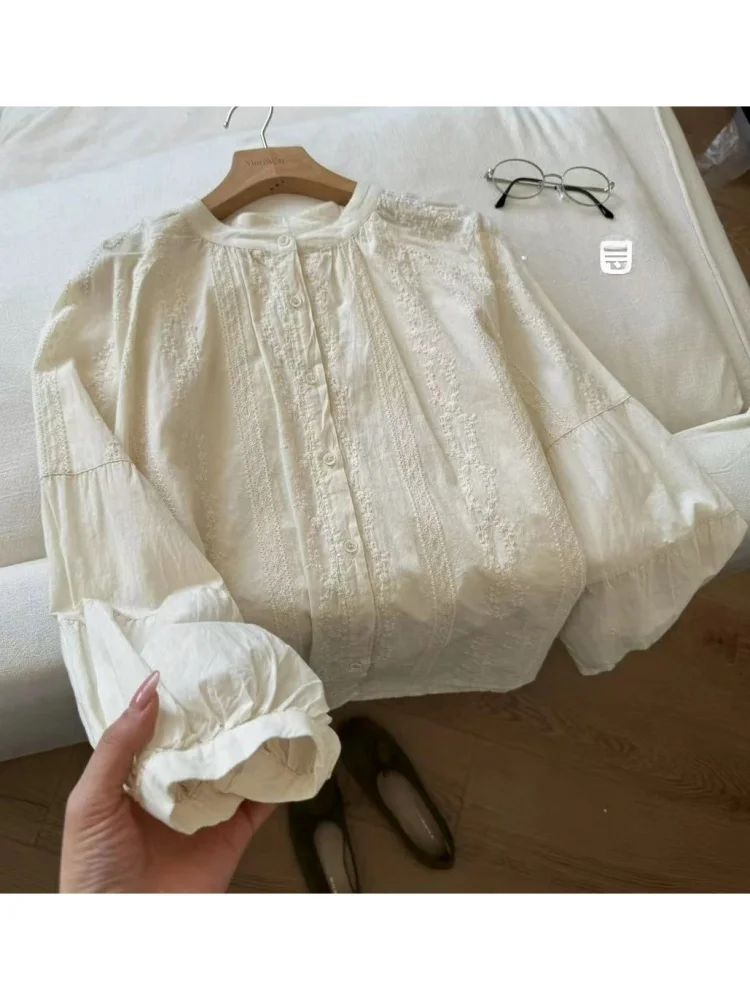 

Retro Artistic Women's Apricot Shirt Spring 2026 Elegant New Style Unique Fashionable Long Sleeve round Neck Button up Top