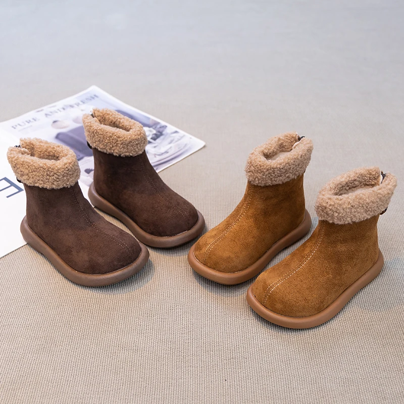 

Suede Leather Boots for Girls 2025 New Winter Little Kids Plush Lining Ankle Boots Non-slip Classic Retro Kids School Snow Boots