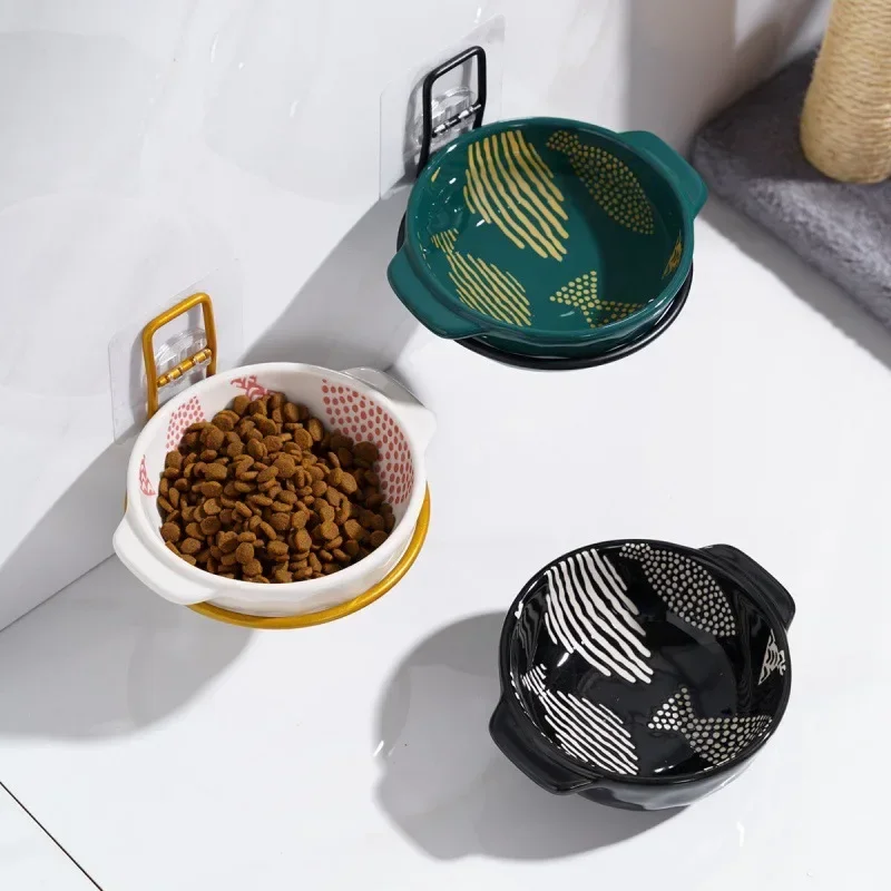 Ceramics Pet Bowl Cat Food Feeder Hang Stationary Dog Cage Water Cup Puppy Kitten Hanging Wall Cage Dishes With Free Stickers