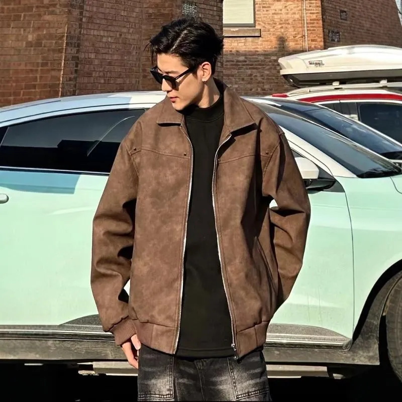 

Retro American Rivet PU Leather Jaet Men's Spring Autumn Sle Baseball Coat Couple's Leather Jaet Slim Fit Casual