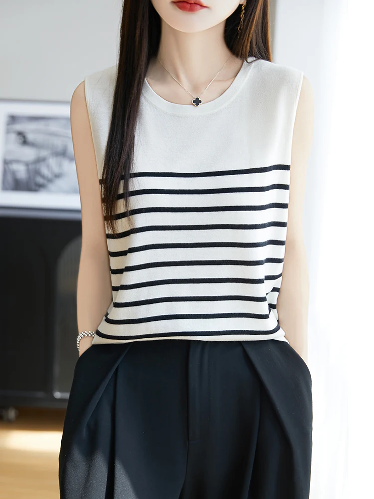 

Летний вязаный жилет из ледяного шелка в полоску, женский круглый жилет Ne Svel, свободная футболка с тонкими бретелями, удобная дышащая футболка