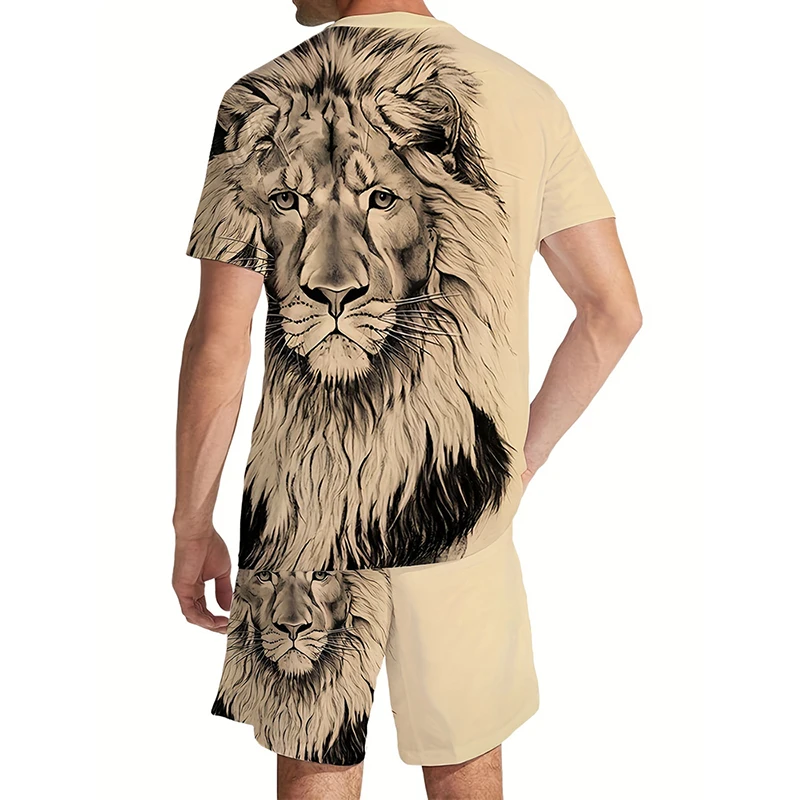 3D lion head print men\'s cool T-shirt shorts suitable for sports and fitness,summer street style,oversized pattern 2-piece set