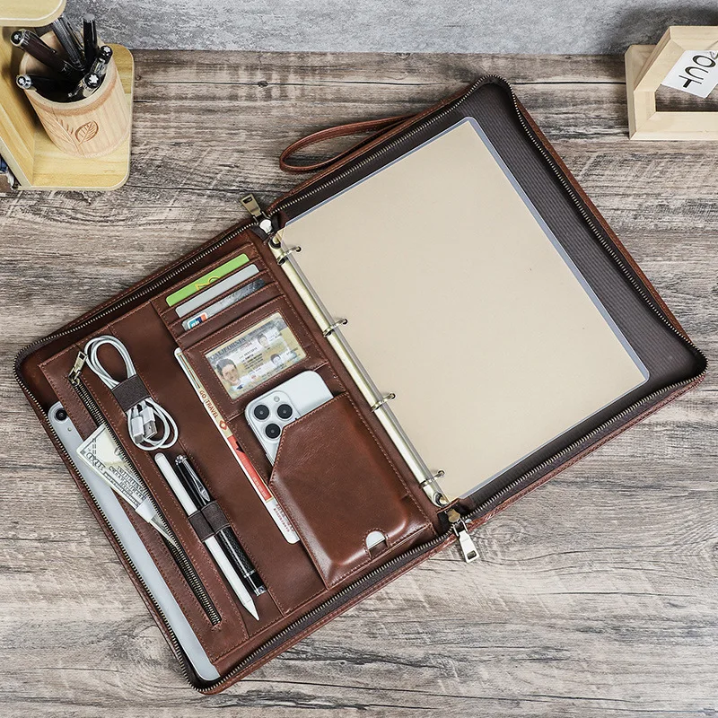 Multifunctional Leather iPAD 12.9 Protective Cover with A5 Notebook 4-Hole Loose-Leaf Paper Holder Portable Tablet Case
