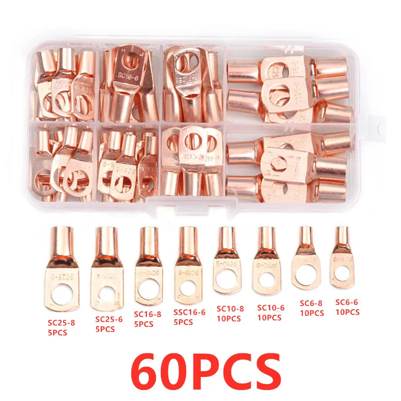 60pcs Copper Ring SC Terminal Wire Crimp Connector Or 1pc HX-50B Crimper Plier 6-50mm Crimping Tool Bare Cable Battery Terminals