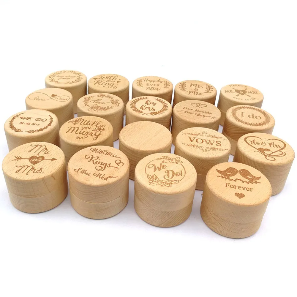 Wooden Round Beech Wedding Ring Box With Letter Will You Marry Me? On The Surface