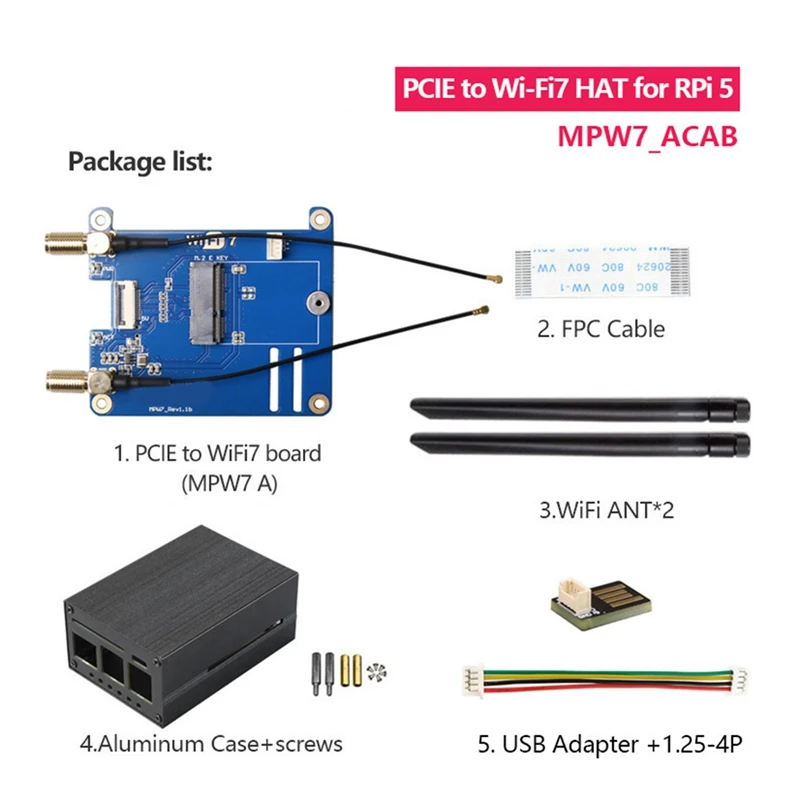 MPW7ACAB For Raspberry Pi 5 PCIE To M.2 E-Key Wifi7 Module With USB Adapter BE200 Support Google TPU,Wif6e AX210,AX200