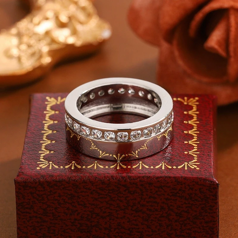Personality 1 Row Zircon 925 Sterling Silver Ring with Wide Band Wedding Ring for Women Men Jewelry Gift