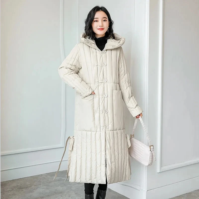 Down Cotton Coat Women 2023 New Artsy Vintage Loose Versatile Winter Jacket Female Hooded Large Size Thick Warm Over Knee Parkas