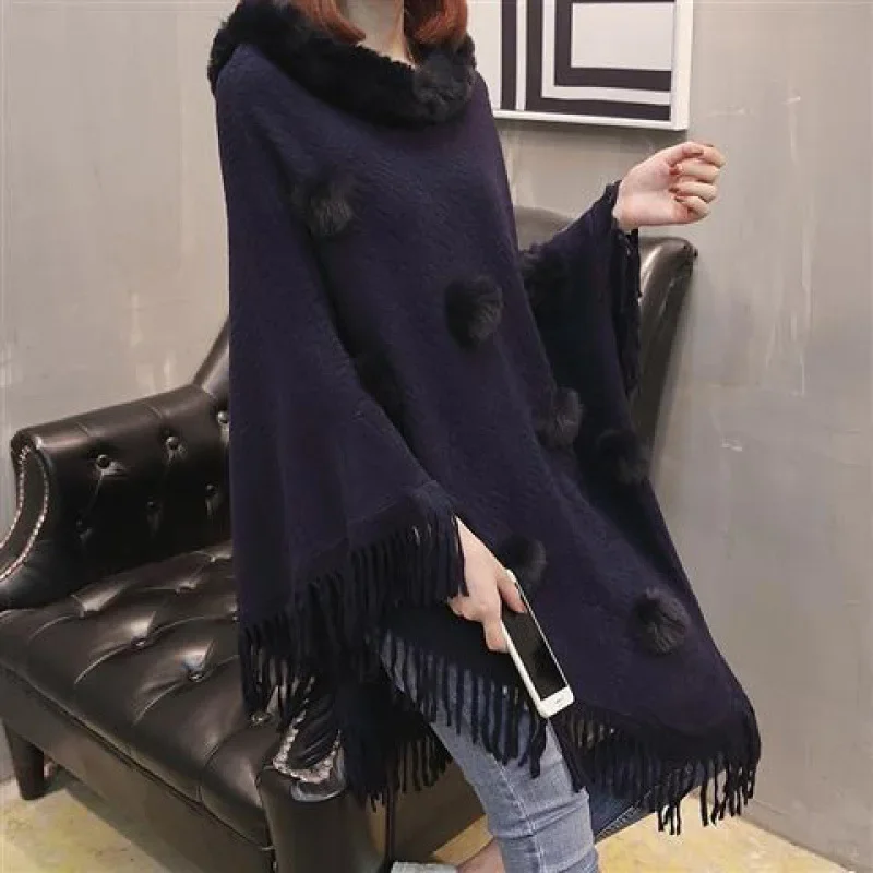 Autumn Winter Imitation Rabbit Fur Ball Women's Coat Imitation Wool Collar Pullover Shawl Warmth Poncho Capes Red Cloaks Navy