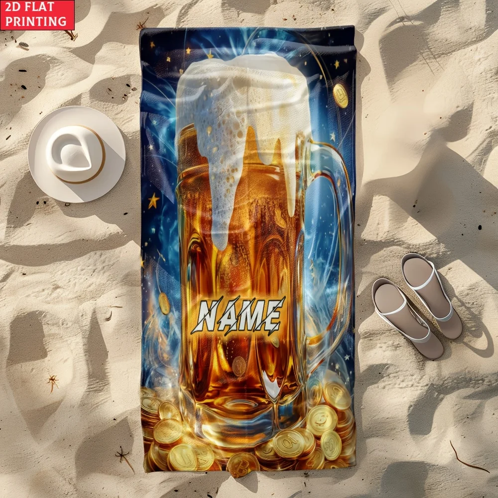 Custom Beer Mug Beach Towel Personalized Name Golden Coins Microfiber Bath Towels Soft Quick Dry Pool Lounger All Season