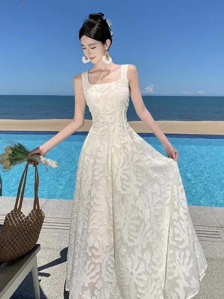 Summer White Vestidos 2024 New albicocca senza maniche Birthday Party Dress Women Backless Jacquard Dress Retro a-line Slim Sundress