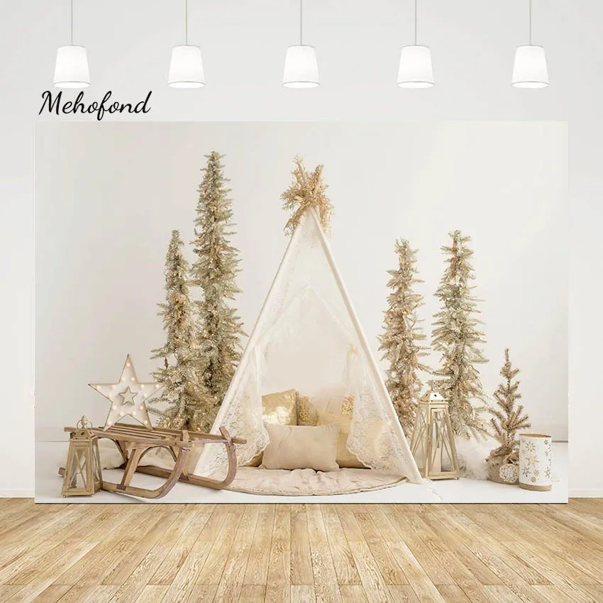 Mehofond Christmas Party ฉากหลัง Dreamy Camping เต็นท์ Xmas Tree Decor เด็กปาร์ตี้วันหยุดถ่ายภาพพื้นหลัง Photo Studio