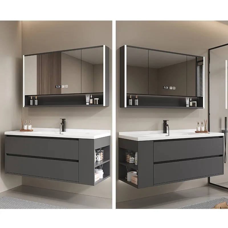 

Modern simple bathroom cabinet combination bathroom ceramic integrated solid wood hand and face basin wash table set