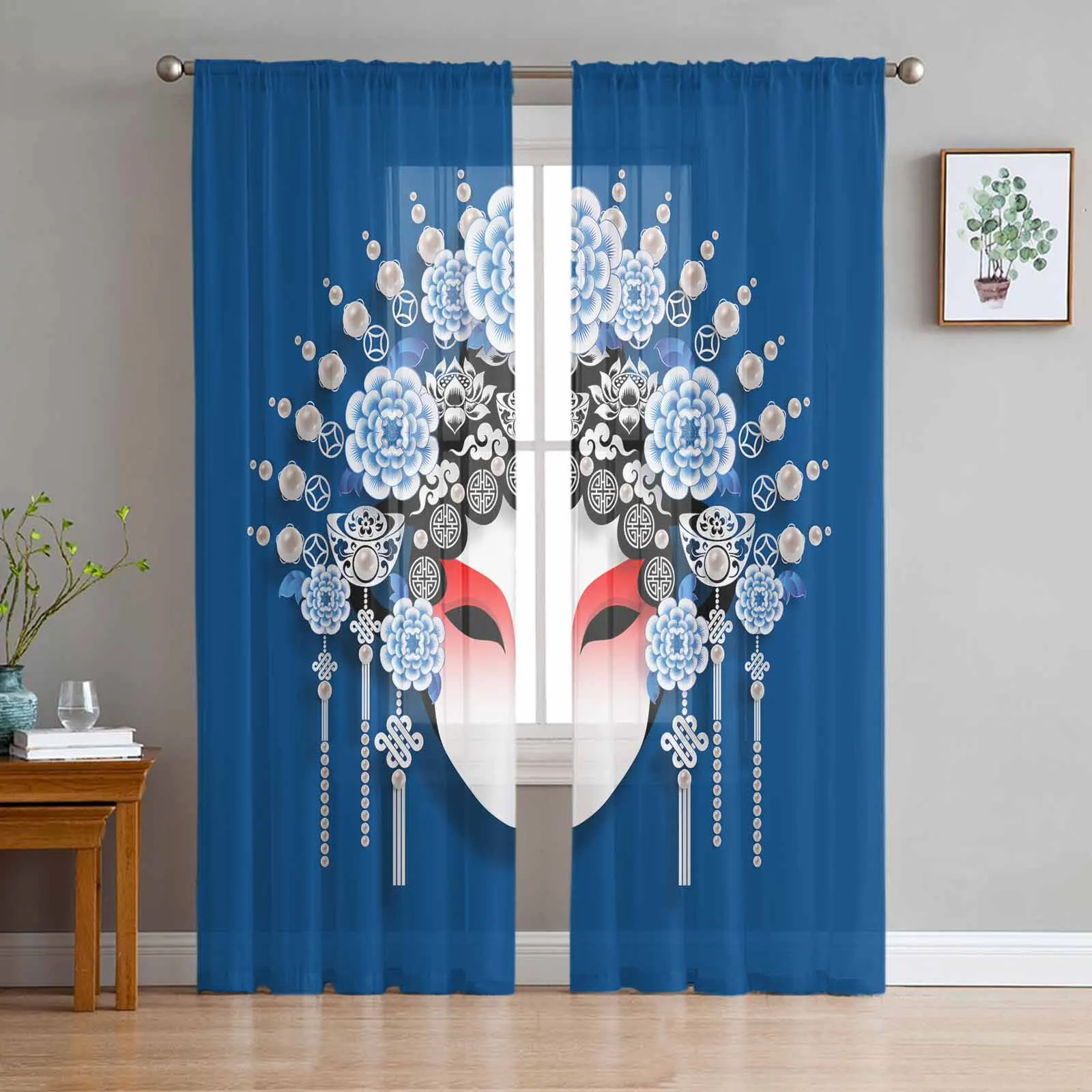 

Blue Traditional Chinese Opera Sheer Curtains for Bedroom Living Room Voile Window Curtains Kids Room Tulle Curtain