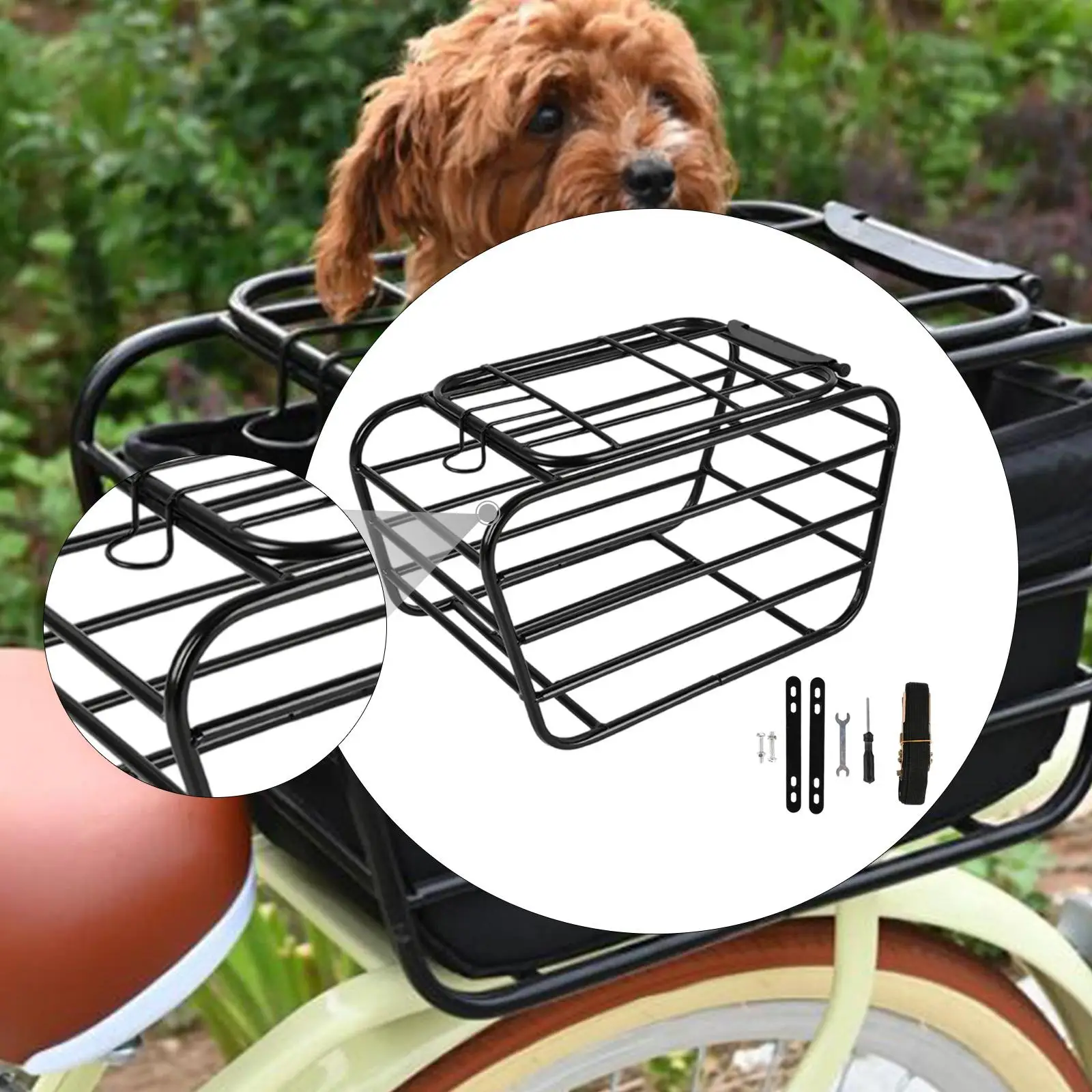 Heavy Duty Bike Basket for Rear Rack Carbon Steel Cargo Organizer for Bicycle Hiking Outdoor Dog Pet Carrier 38cm