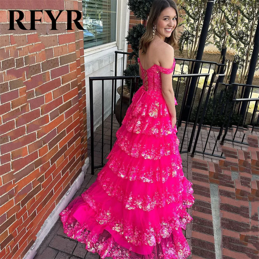 RFYR Puffy Gold Evening Dress Off  Shoulder Vestidos De Noche Sweetheart Layered Prom Dress Appliques Party Dress Customized