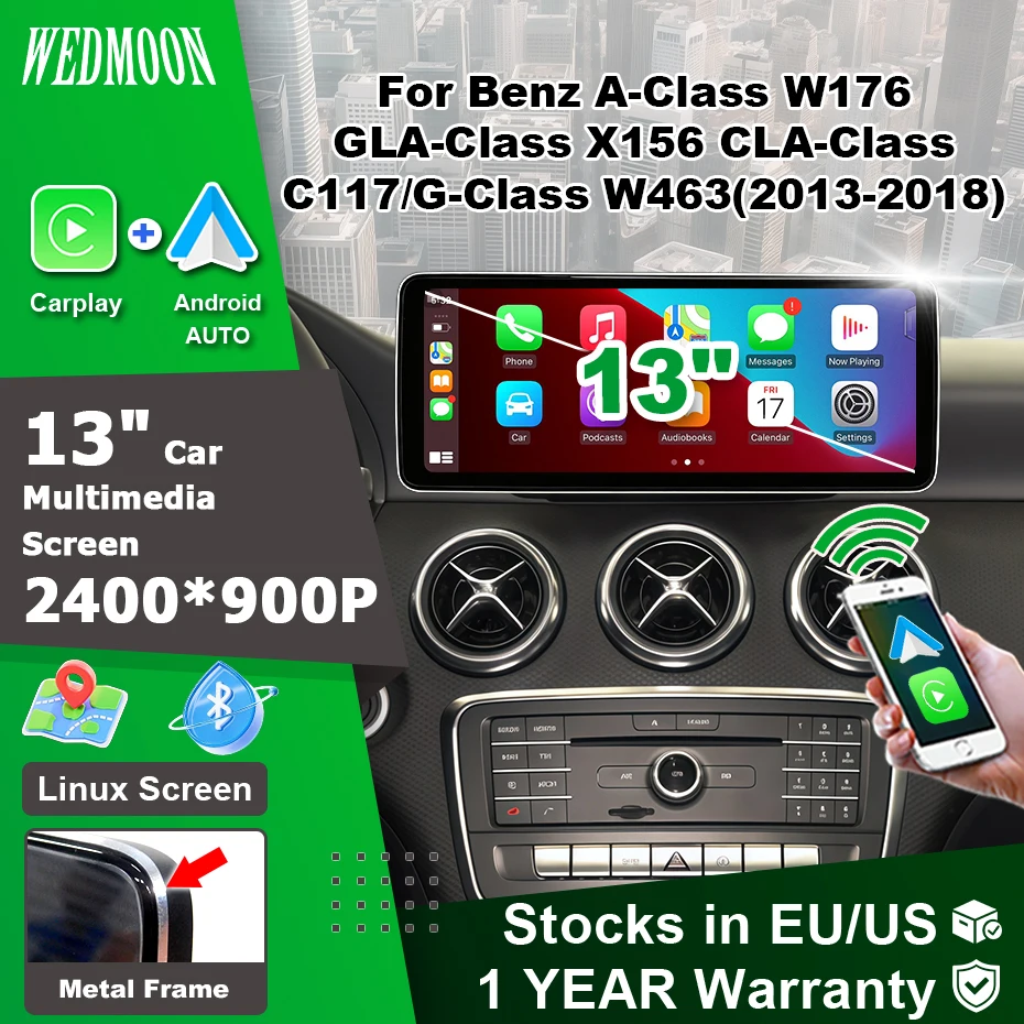 Wedmoon, autoradio multimediale Android con schermo da 13 pollici, compatibile con Linux, Android Auto, Carplay wireless e Airplay, per Mercedes-Benz Classe A W176, GLA X156, CLA C117, G W463, modelli