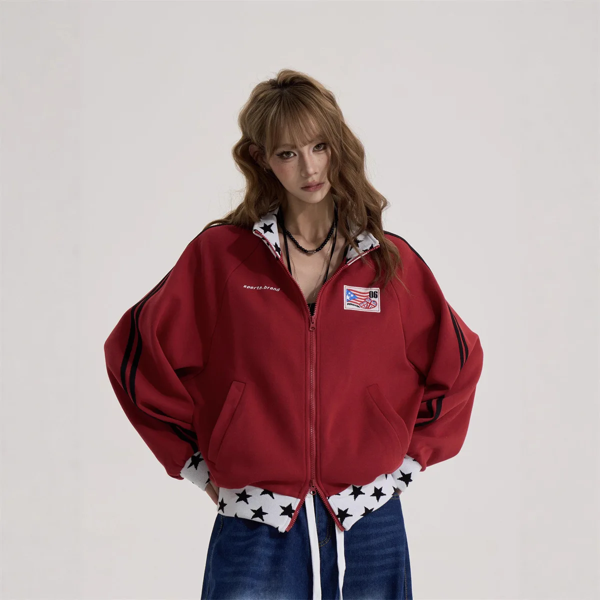 Women Jacket Bomber Coat 2026 Spring Autumn Vintage Stand Collar Jacket Women Loose Slim Fake Two Piece Baseball Coat