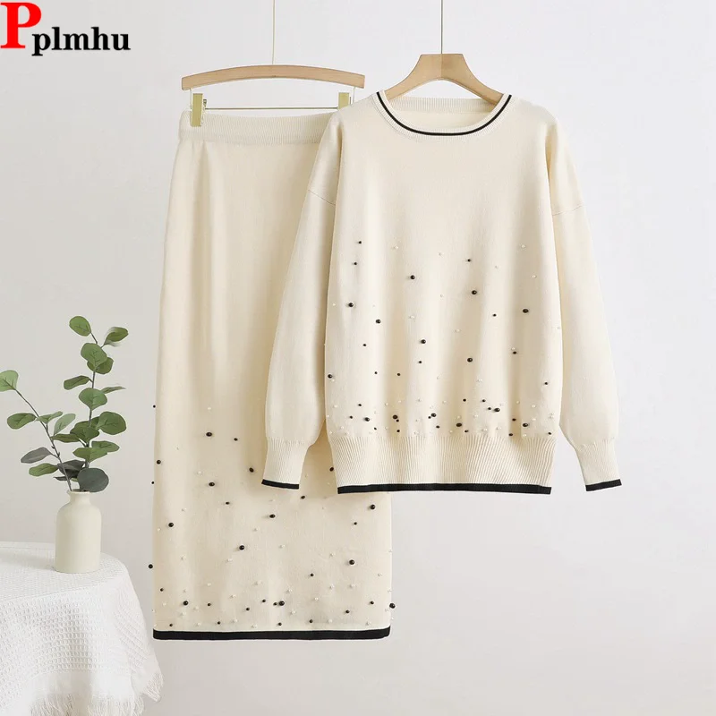 

Rivet Drill Design Комплекты из 2 предметов Женский свитер с круглым вырезом и длинными рукавами Пуловер Топы Conjuntos Шикарные прямые юбки с высокой талией Наряд