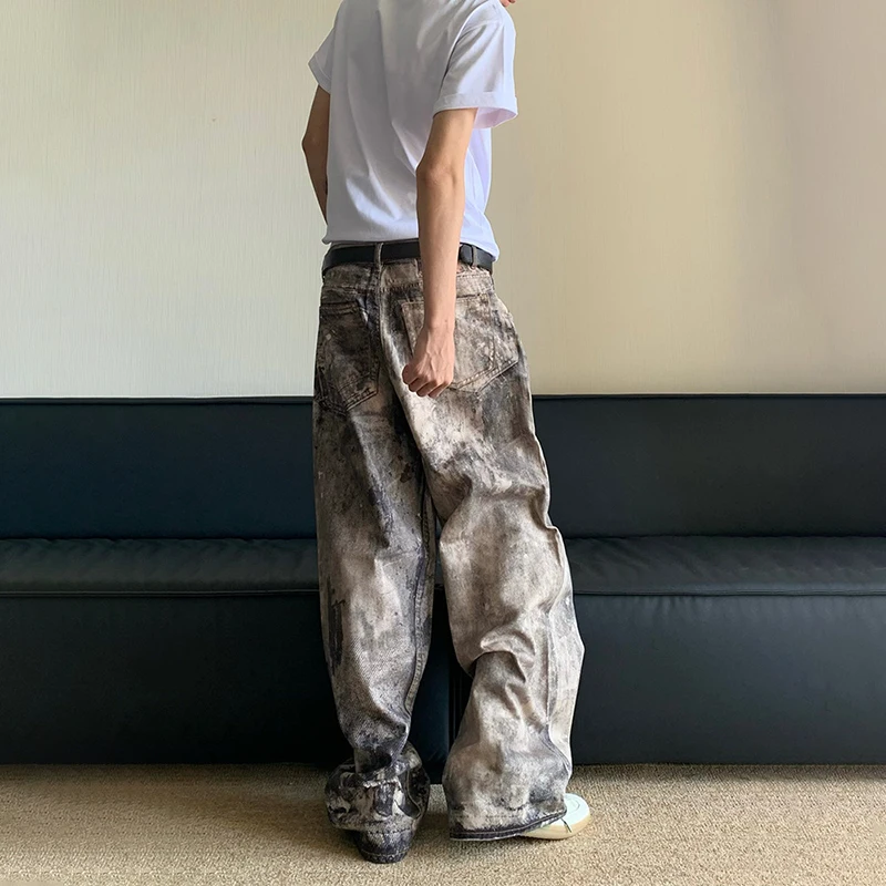 WTHT ファッションメンズ迷彩プリントハイストリートデニムパンツヴィンテージトレンディなルーズワイドレッグストレートジーンズ男性夏 2A0138