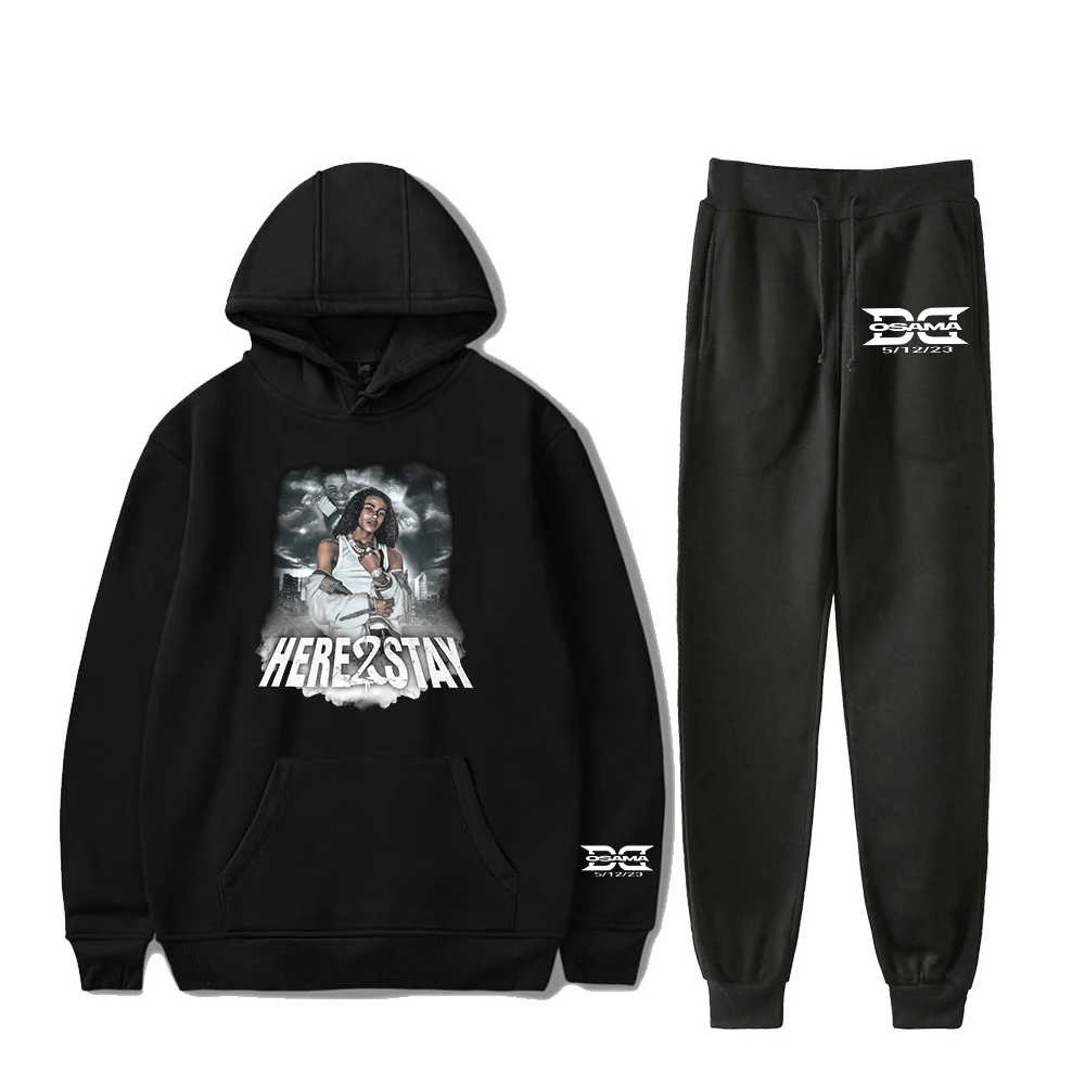 DD Osama Here 2 Stay-Sudadera con capucha y pantalones de chándal para hombre y mujer, conjunto de dos piezas, Sudadera con capucha y pantalones de chándal, rapero de Hip Hop, gira 2023