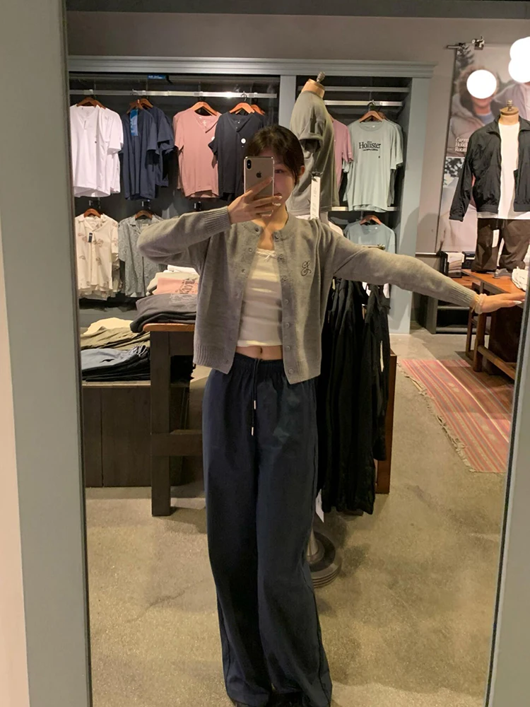 

Slim Fit Grey Embroidered Knitted Sweater Women's Style American Retro Open Cardigan Light Weight Autumn Fashion Korean Version