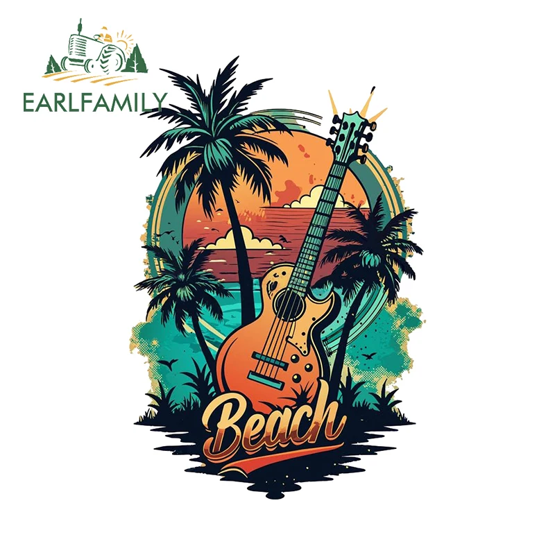 EARLFAMILY Guitar With A Sunsetting Beach Car Stickers Vibrant Cartoon Laptop Trunk Decals Simple Vinyl Camper Decoration