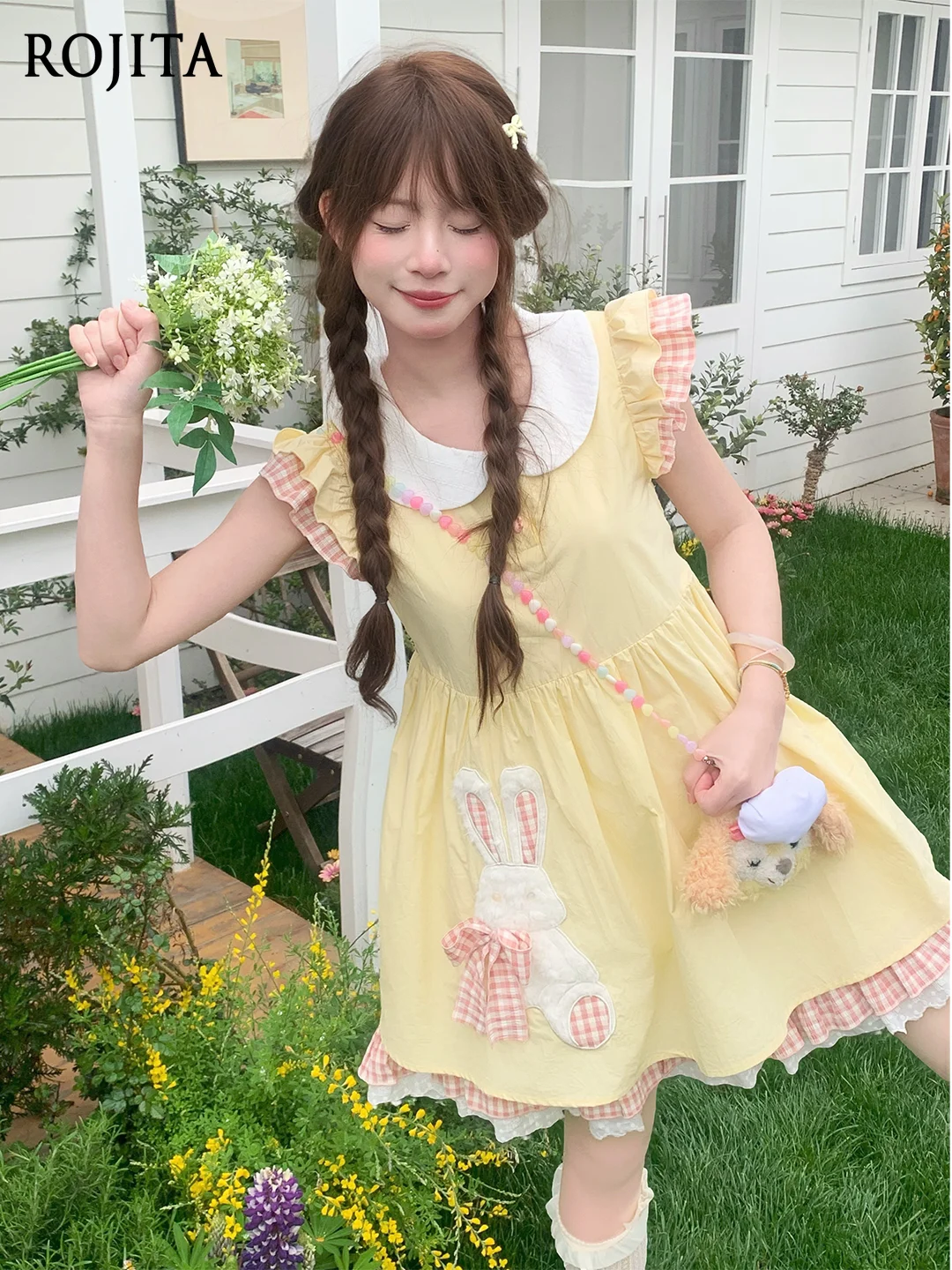 

Cute Doll Collar Flying Sleeve Rabbit Sticker Embroidered Dress Japanese Sweet Girl Lolita One Piece Dress Gingham Ruffle Dress