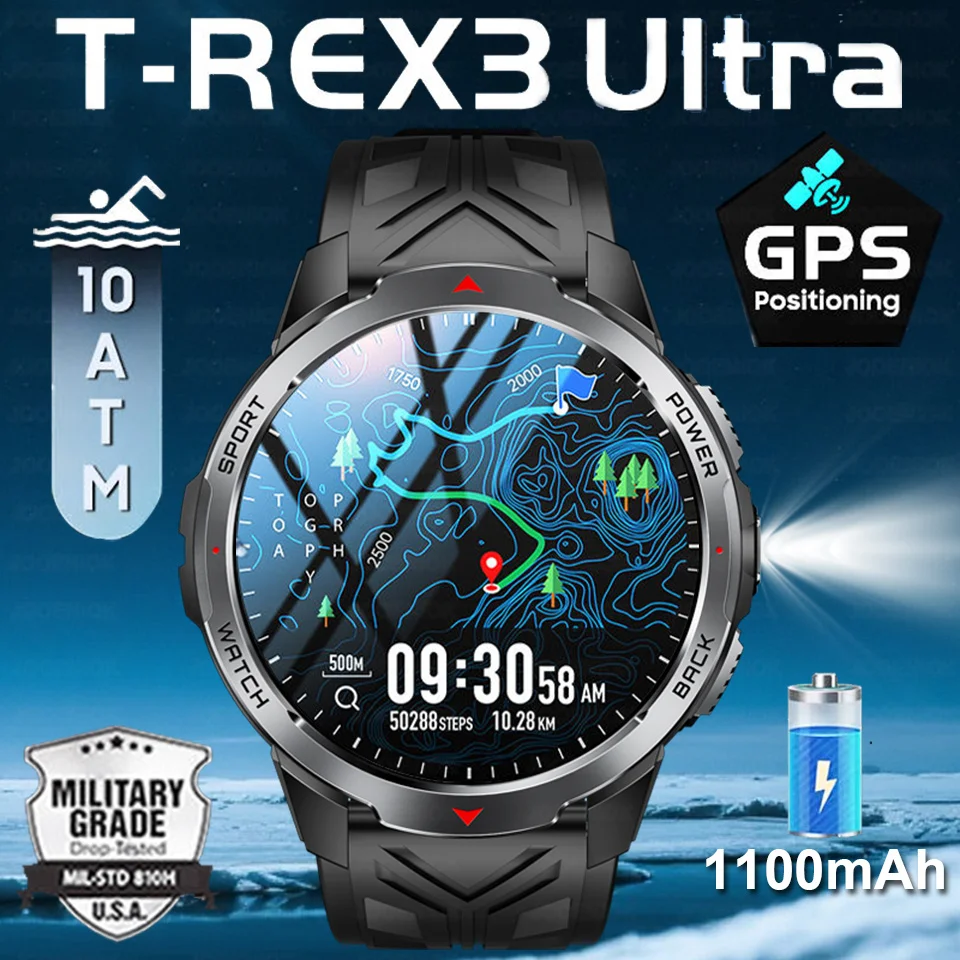 

Новые смарт-часы T-Rex3 с аккумулятором емкостью 1100 мАч, мужские компасы, 5 атм, водонепроницаемые, Bluetooth, пульсометр, военные умные часы на открытом воздухе