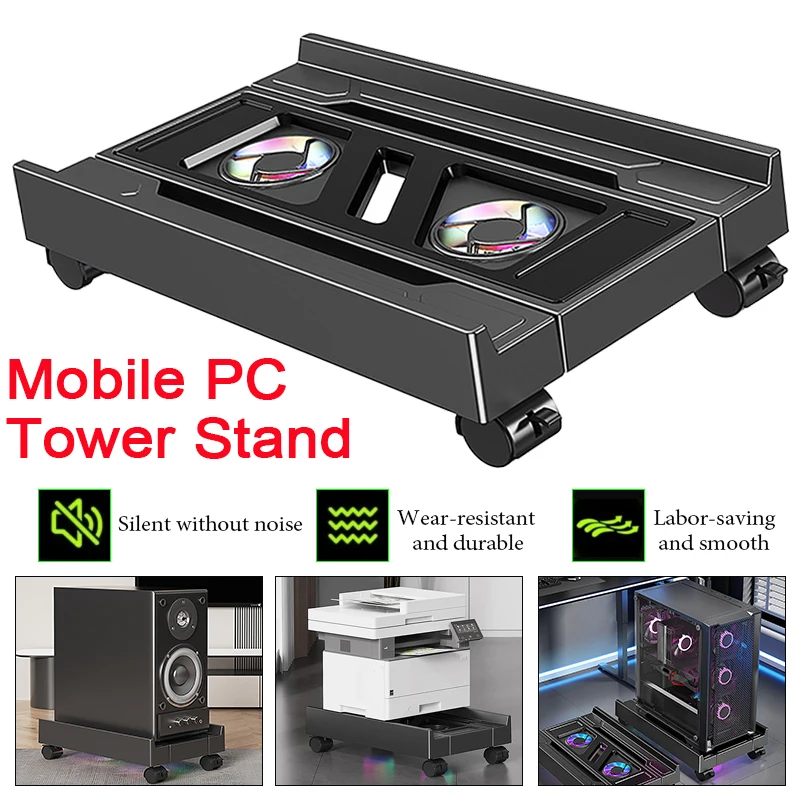 

Mobile PC Tower Stand Freely Extendable Mobile Chassis Base Tray Bracket CPU Cart with RGB Cooling Fan Heat Dissipation