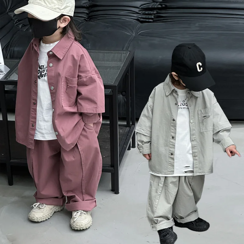 

Children Suit 2024 Spring And Autumn New Korean Style Solid Color Fashion Fake Two Shirt Jacket Long Sleeve Cargo Pants Suit