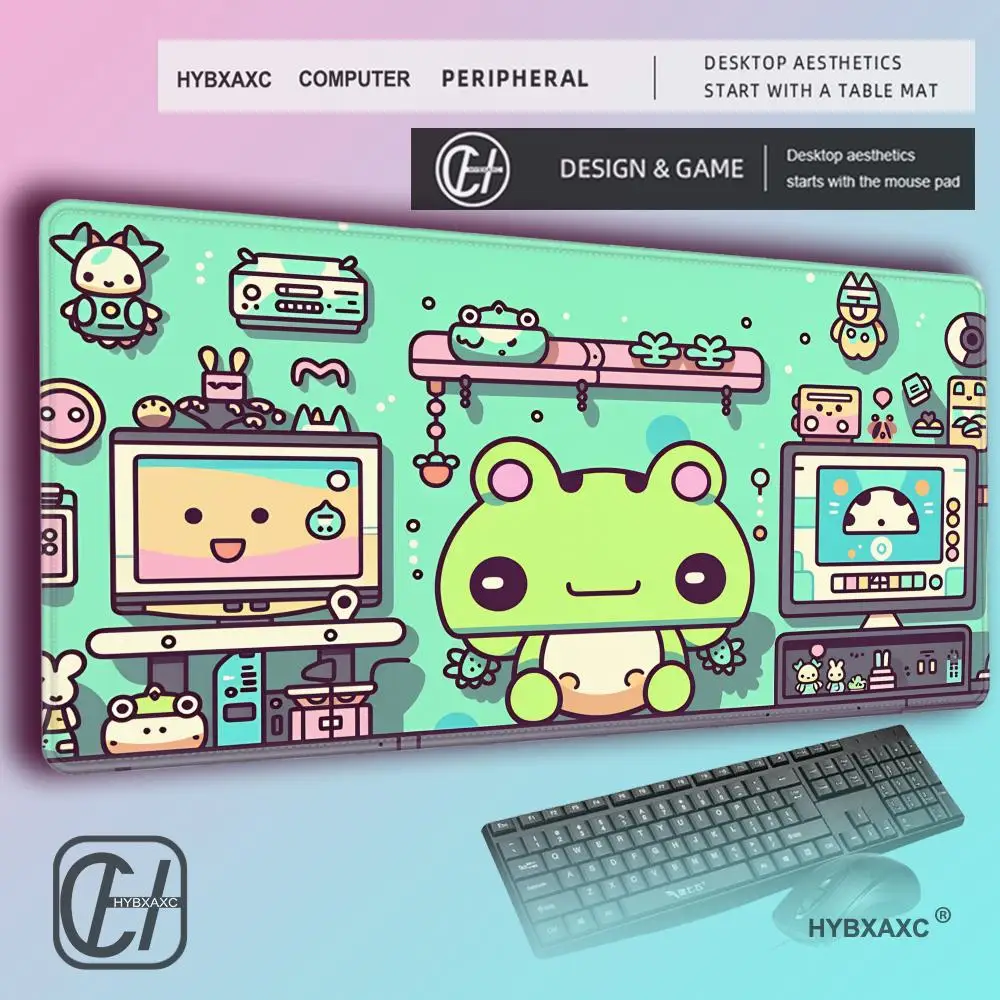 HYBXAXC Kawaii Frogs Desk Mat Soft Speed Mousepad Gamer Green Plant Cute Deskmat Large xxl lo fi Gaming Mouse Pad Anime Mats