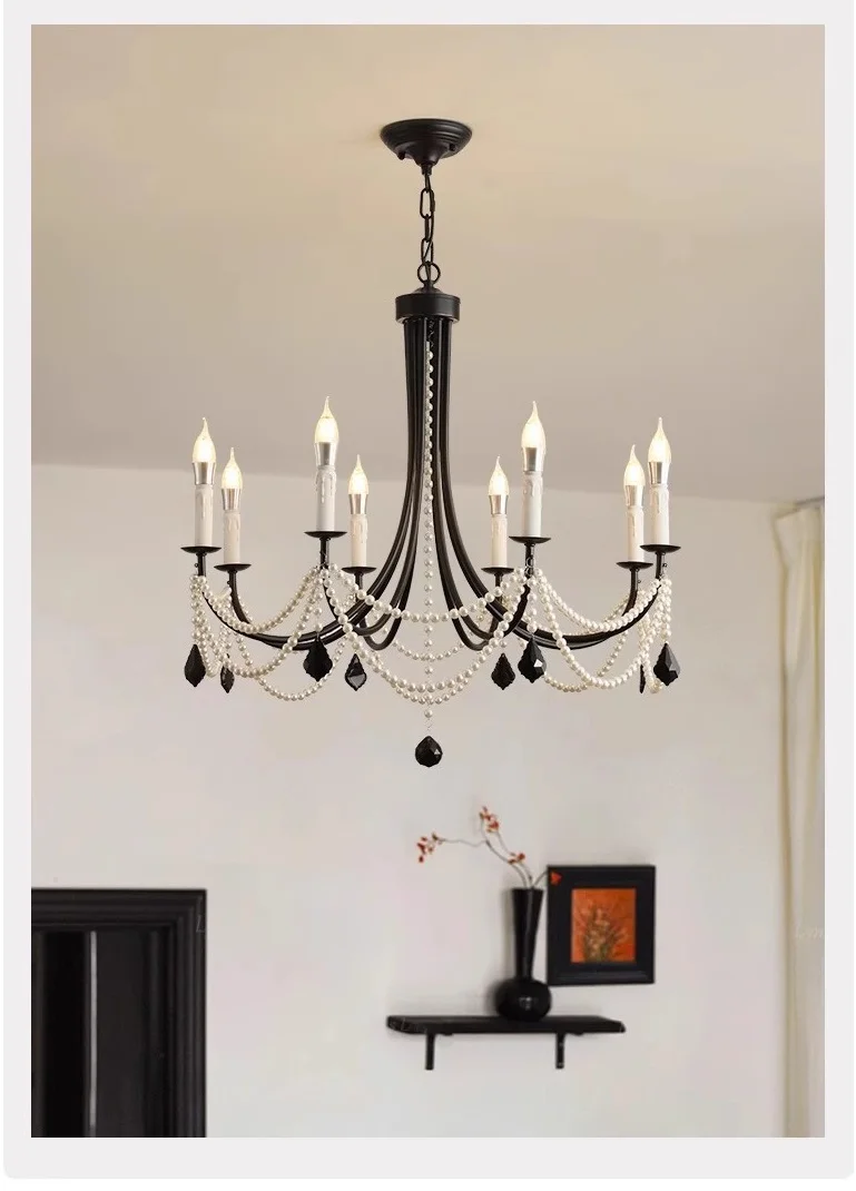 American Retro Candle Chandelier Living Room Black Metal E14