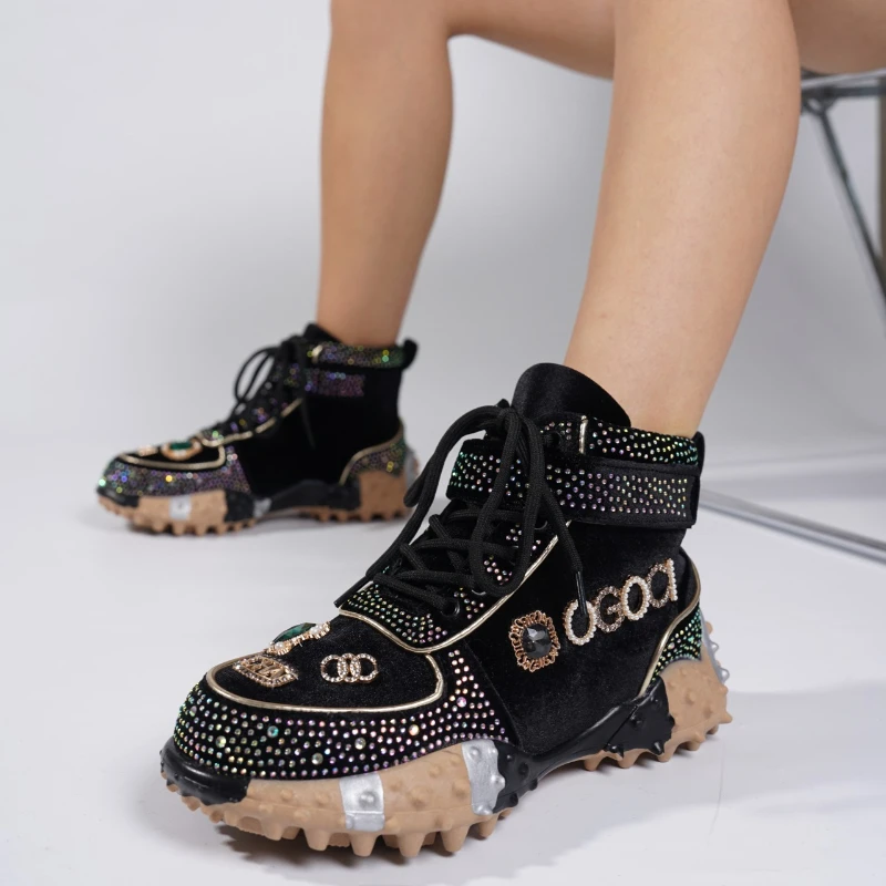High-top Thick-soled Round-toe Lace-up Crystal-encrusted Lightweight, Comfortable, Anti-slip, Breathable Casual Women's Shoes