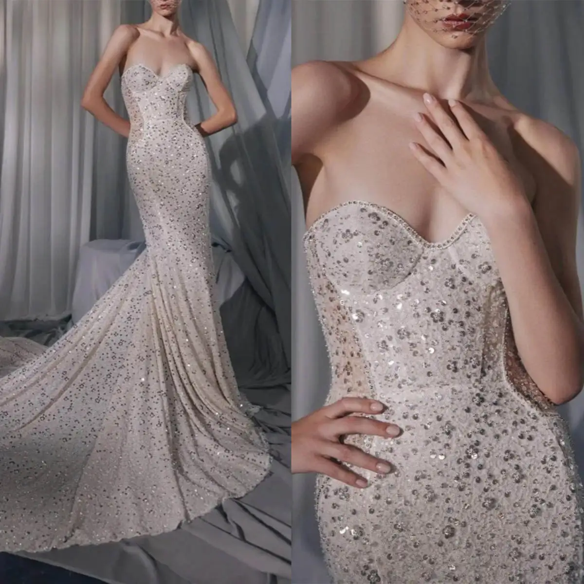 Abiti da sposa unici sirena senza spalline con paillettes senza schienale senza maniche abito da sposa scintillante lungo fino al pavimento su misura