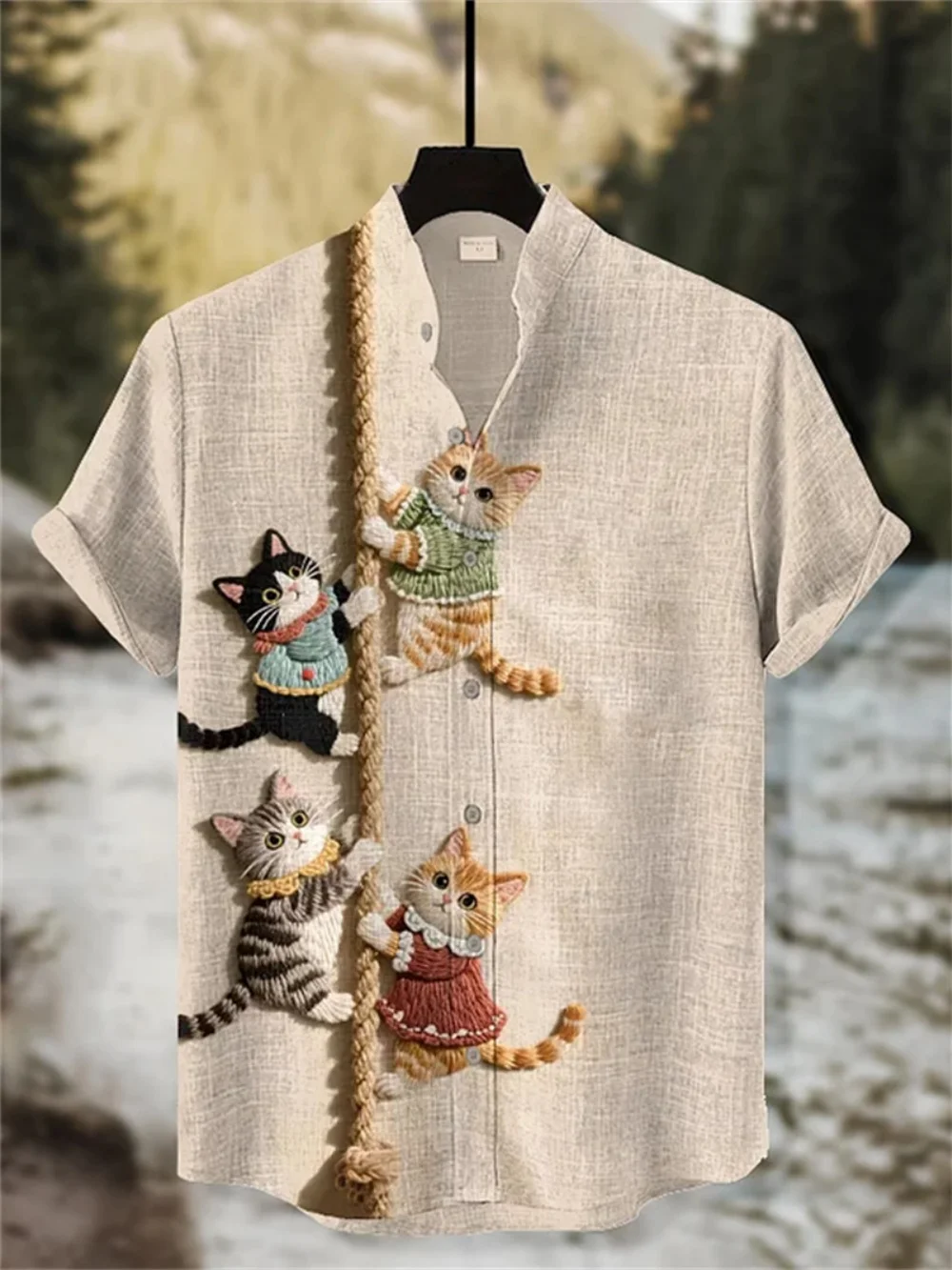 

Мужская модная льняная рубашка с мультяшным принтом кота, воротник-стойка, уличная повседневная одежда с короткими рукавами, модная, хит продаж