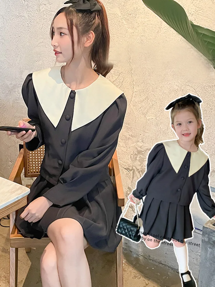 South Korea's High-end Parent-child Dress Mother-daughter College Style Two-piece Set 2022 Autumn New Children's Short Skirt